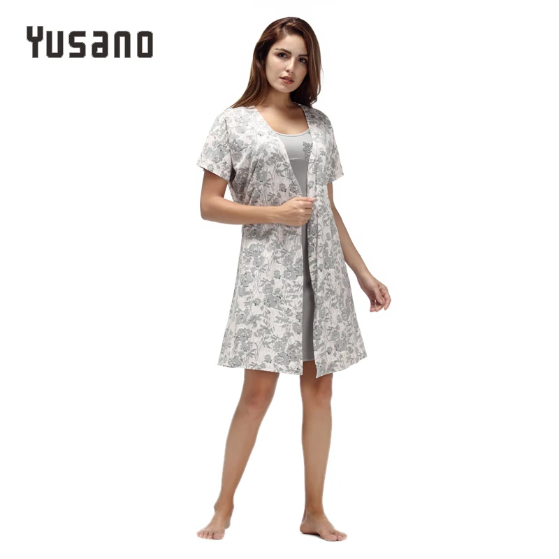 Yusano Women Nightgown Cotton Robe Sexy Camisole Nightshirt Coat Belt Cardigan 2 Pieces Flora Print V Neck Bathrobe Lounge|women bathrobe
