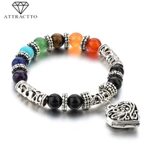 Attrtto, очаровательные серебряные браслеты в форме сердца, чакра, браслеты для женщин, дистанционный браслет ручной работы, Радужный ювелирный браслет SBR190031