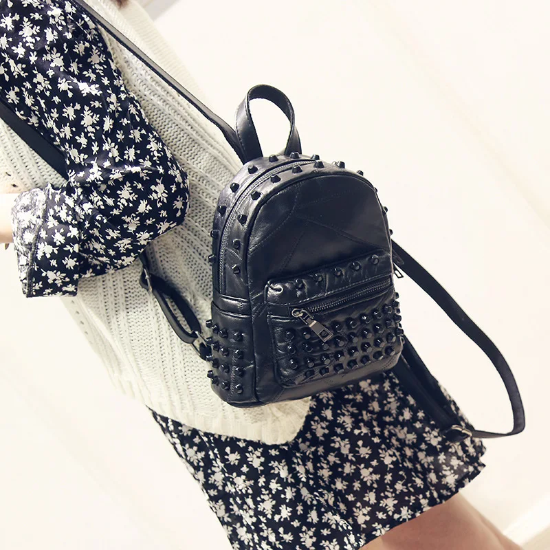 2017 women Genuine leather sheepskin double shoulder rivet mini backpack lady s small black zipper rivet