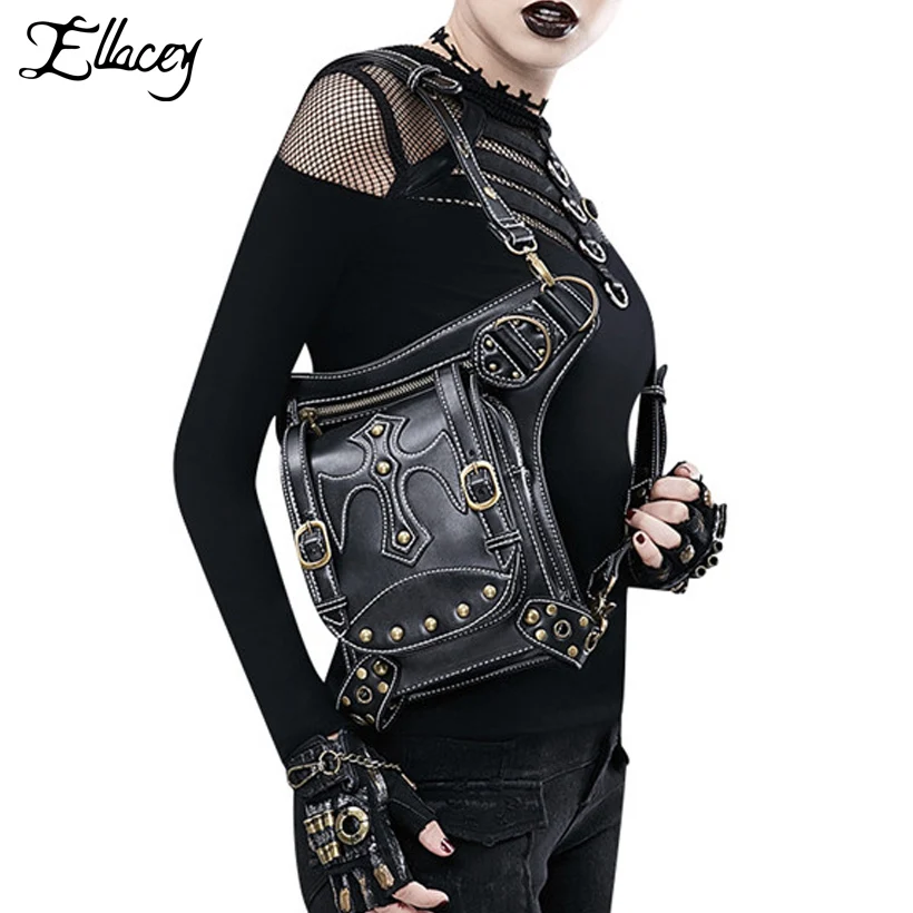

Ellacey 2018 Steampunk Waist Bag Men Women Rivets Black Moto Biker Belt Bags Punk Vintage Shoulder Bag PU Leather Fanny Pack