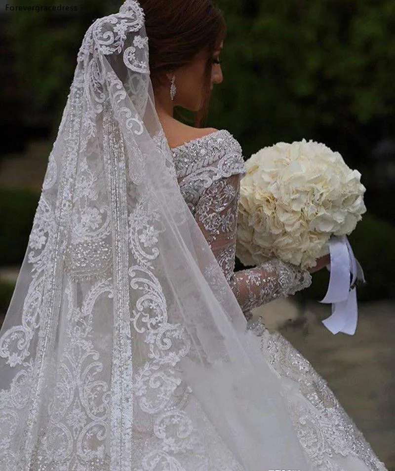 Custom Made Luxury Lace Ball Gown Wedding Dresses Saudi Arabia Off The Shoulder Long Sleeve Full Lace Appliqued Sequins Bridal Gowns  418 (1)