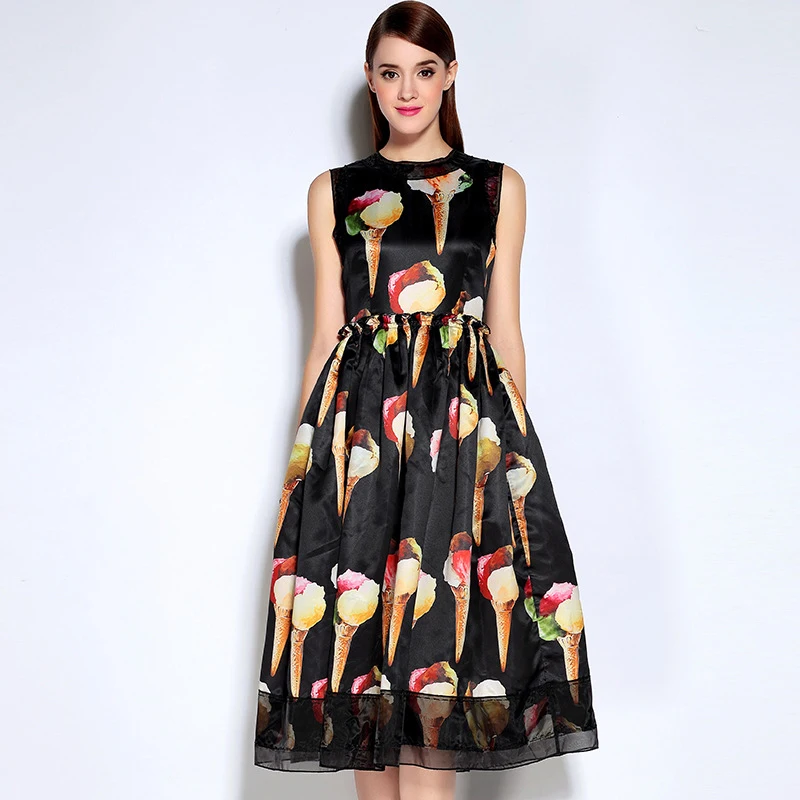 

XXL 3XL 2018 Summer Female Runway Ice Cream Printed Mid-calf Dress Women Sleeveless Mesh Patchwork Tank Dresses JC2510