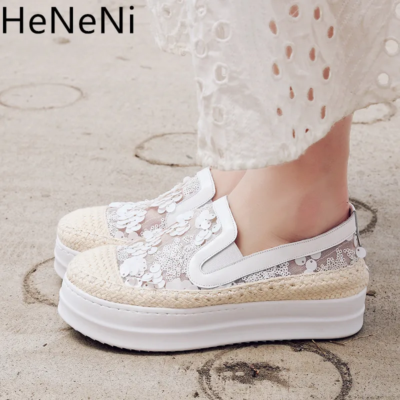 

2019 Spring Genuine Leather Sneakers Woman Platform wedge Shoes Slip On Lace Sequin Women Loafers Thick Sole zapatos de mujer