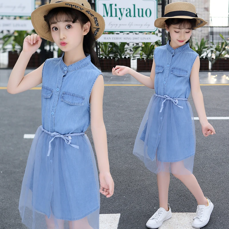 

2018 New Girls cowboy Lace dress cotton Denim Jeans Blue Casual dress autumn clothes kids girls dress