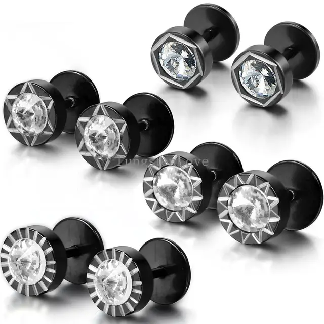 8mm Black Stainless Steel Men Uni Round Stud Earrings Set Faux 8mm Black Stainless Steel Men Uni Round Stud Earrings Set Faux Ear Plugs Sun Flower Pattern
