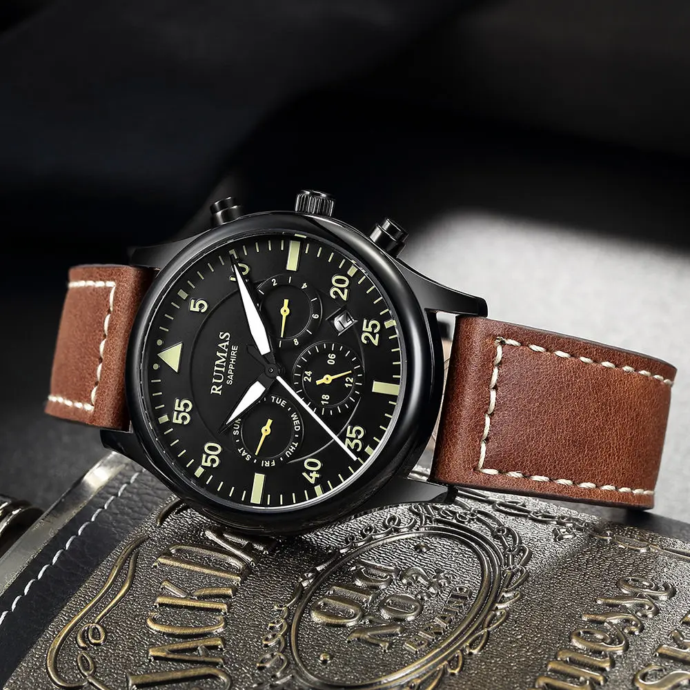 

RUIMAS Automatic Mechanical Watch Men Fashion Genuine Leather Strap Business Watches Male Clock Wristwatches Erkek Kol Saati