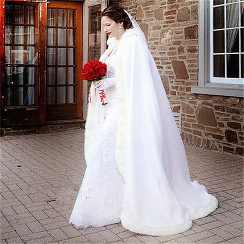 2018 Long Faux Fur White Bridal Hooded Cloak Cape Winter Wedding Dress Wraps 
