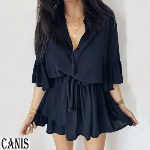 

Women Dress Summer Casual Loose Beach Club Party Mini Dress High Waist Shirt Tops Lace Up Girls Sundress Plus Size
