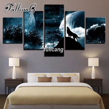 

FULLCANG Diy 5PCS Full Square Diamond Embroidery Moon Night Wolf Whistling Diamond Painting Cross Stitch 5D Mosaic Kits D944