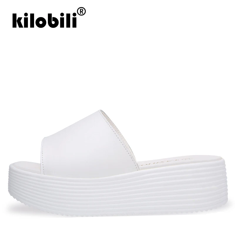 Kilobili/2019 г. летние женские шлепанцы черно белые Тапочки из натуральной кожи с