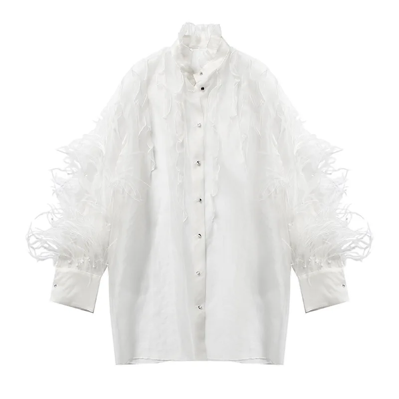 [EAM] Новинка, Осень-зима, воротник-стойка, длинный рукав, перо, органза, перспектива, большой размер, рубашка, женская блузка, модная JT283 - Цвет: white