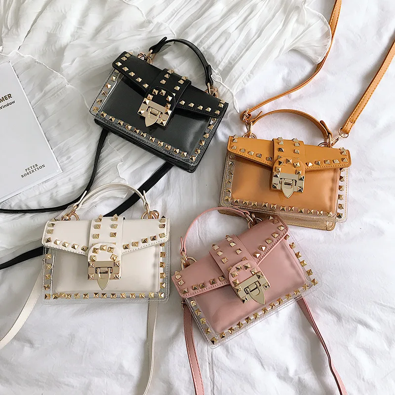 

2019 New Women Handbag Transparent Rivets Jelly Shoulder Bag Fashion Small Crossbody Bag Square PU Flap Female Messenger Bag sac