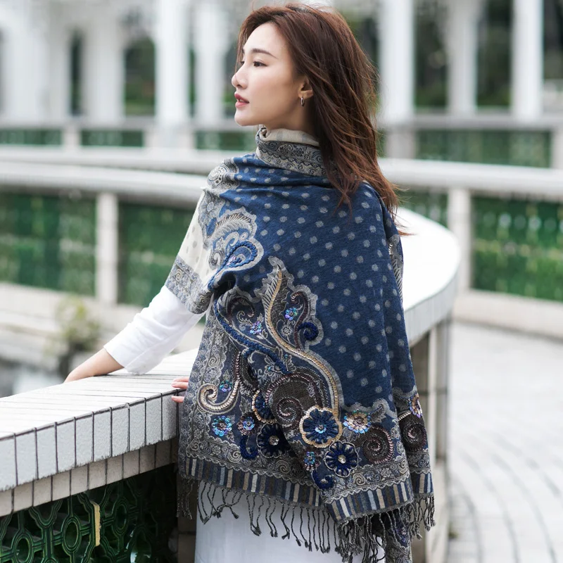 

high quality Bohemia handmade flowers dark blue embroidery beaded pipe sequins wool scarf Shawl size:70*190cm(dry cleaning)