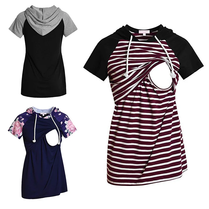 

Striped Cotton Maternity Hoodies Women Breastfeeding Nursing Pregnancy Hoodie Womens Summer short sleeve Leisure Clothing