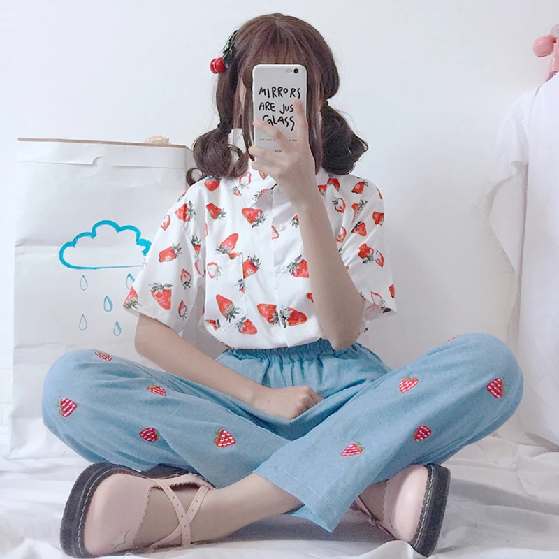 Женские джинсы с вышивкой клубники 2019 Harajuku милые Хлопковые женские высокой