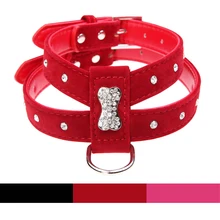 3 Color Bling Rhinestone Bone Velvet Leather Pet Puppy Dog Harness Dog Collar Chihuahua Teacup Care