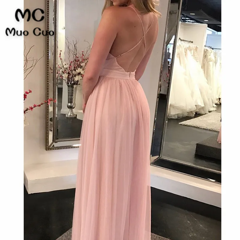 Charming A Line V Neck Open Back Chiffon Slit Pink Long Prom Dresses3