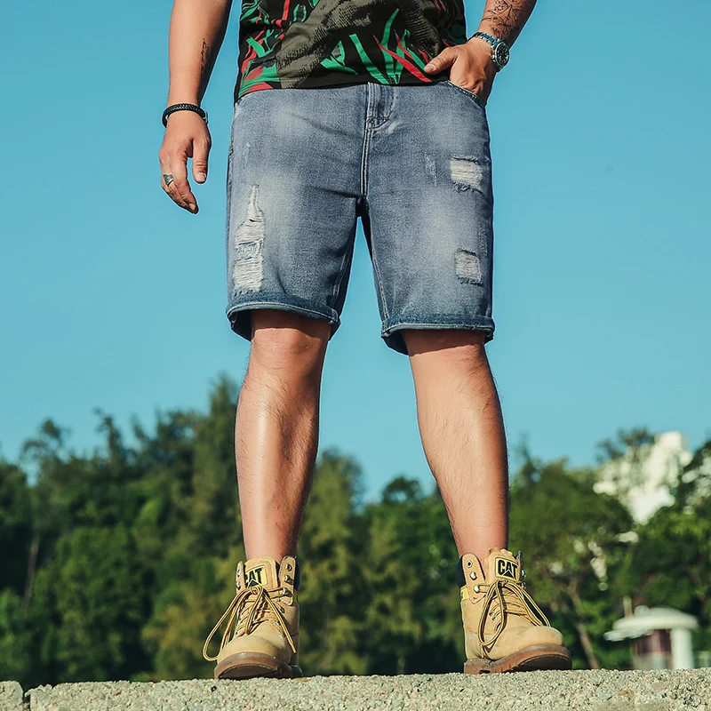 Модные рваные ностальгия отверстие свободные джинсовые шорты с высокой посадкой мужские летние винтажные синие прямые повседневные джинсовые шорты плюс размер S-XXXXXXL