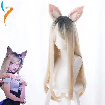 

Game LOL League of Legends KDA Ahri Cosplay Wig Long Straight Blonde Curly Synthetic Hair + Ears +Wig Cap