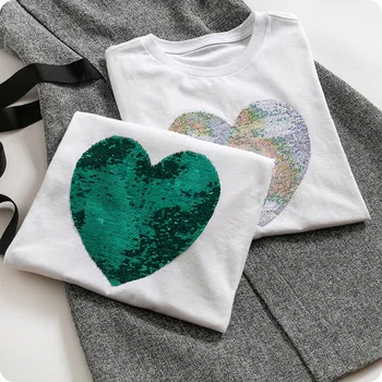 

Dreawse Summer New Color Sparkle Sequins Discoloration Heart T-shirt Female White Short-Sleeved Cotton Loose Tide Tops MZ2664