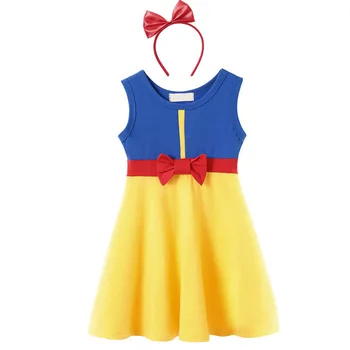 

MUABABY 2-7T Snow White Princess Dress for Girls Children Summer Swing Cotton Casual Sundress Kids Birthday Costume with Bow