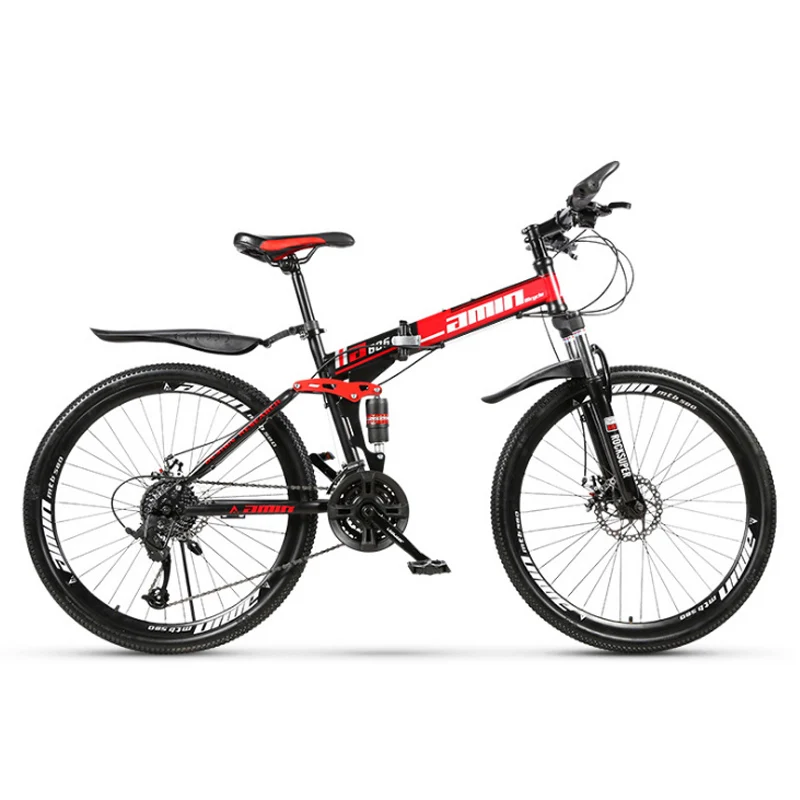 24 дюймов и 26 дюймов складной горный велосипед 21 скорость спица колеса Горный велосипед двойные дисковые тормоза двойной демпфирующий велосипед - Цвет: black and red