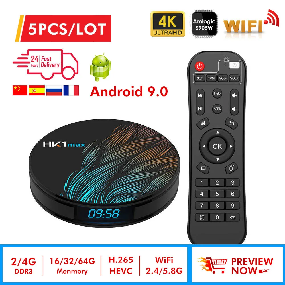 

5pcs HK1MAX Smart tv box Android 9.0 2.4G/5G Wifi BT 4.0 RK3328 Quad Core 4K 1080P Full HD hk1 max Set-Top Box Netflix KD Player
