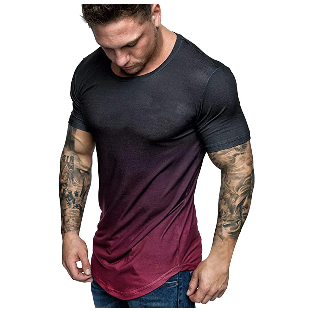 

Men's Slim Casual Fit Gradient Color Short Sleeve tShirt Blouse Fashion Gyms T Shirt Men Fitness breathes Summer Tees Tops