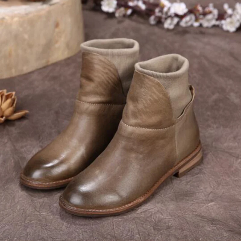 

2019 Genuine Leather Women Boots Flat Heel Vintage Handmade Women Shoes Ankle Boots