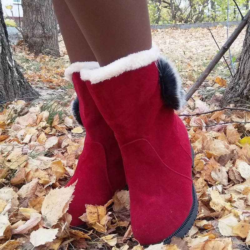 En Ligne VTOTA Bottes Femmes Chaud Rouge Bottes Femelle Troupeau Mi mollet De Fourrure D hiver Bottes Femme Slip Sur Plat Avec Étudiant chaussures Botas Mujer H172