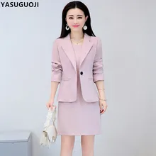 YASUGUOJI осенний офисный женский однотонный приталенный женский костюм Блейзер на одной пуговице с платьем длиной до колена женский костюм LXF6
