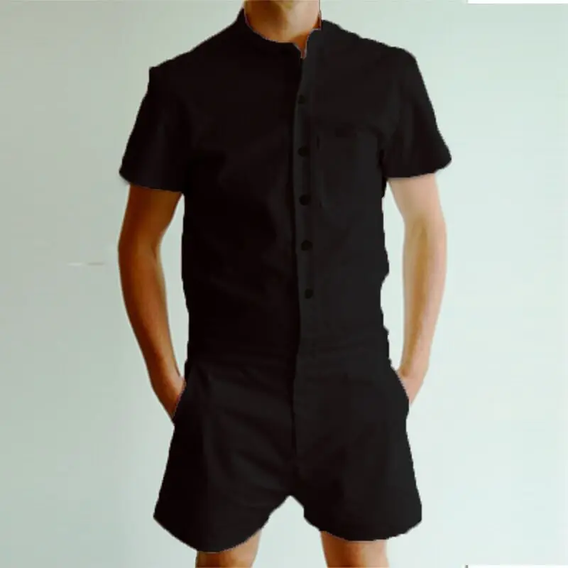 FDWERYNH летний мужской комбинезон с короткими рукавами, эластичный Облегающий комбинезон, крутой короткий однобортный пляжный комбинезон в гавайском стиле - Цвет: black