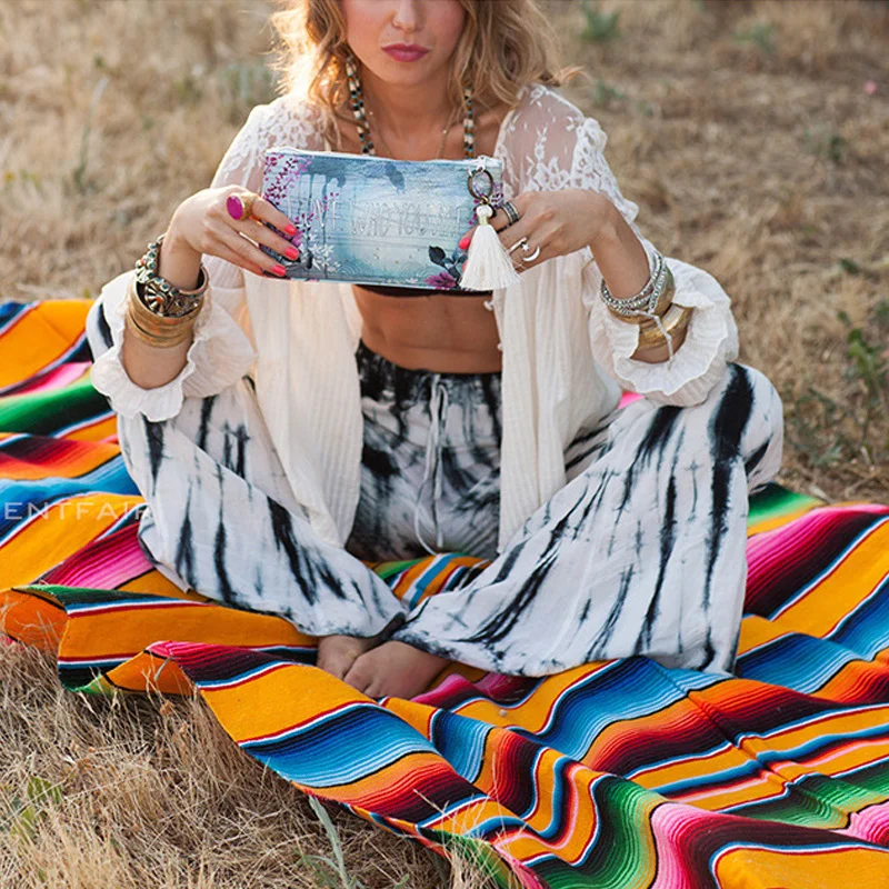 

Mexican Serape Blanket Outdoor Stripe Rainbow Beach Blankets Mat with Tassel for Beds Travel Picnic Sofa Cover Cotton Fleece H