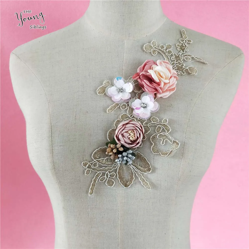 

Exquisite Sewing Craft Supplies 3D Flower Golden Embroidered Lace Collar for Clothes Applique DIY Neckline Clothing Accessories