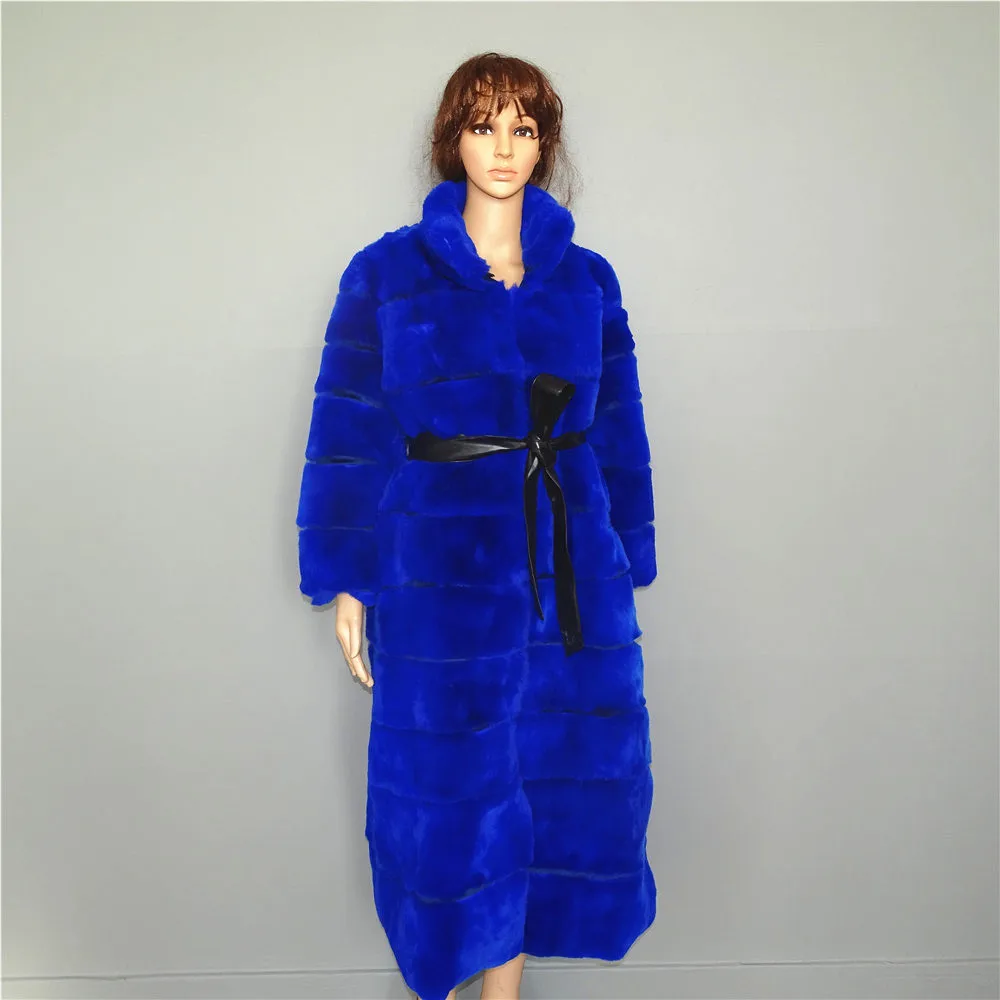 

Long real fur coat for women natural rex rabbit fur full pelt plus size fur coats 115cm length winter autumn warm outdoor C124