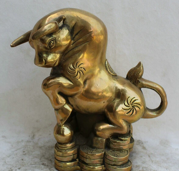 

JP S061 9" Chinese Brass strong Wealth Feng Shui Zodiac Year Bull Oxen sculpture Statue