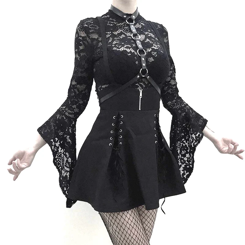 

2PC Gothic Women's Dress Eyelet Web Zipper Harajuku Black Mini Dresses Grunge Summer Sleeveless Backless A-line Sexy Punk Rock