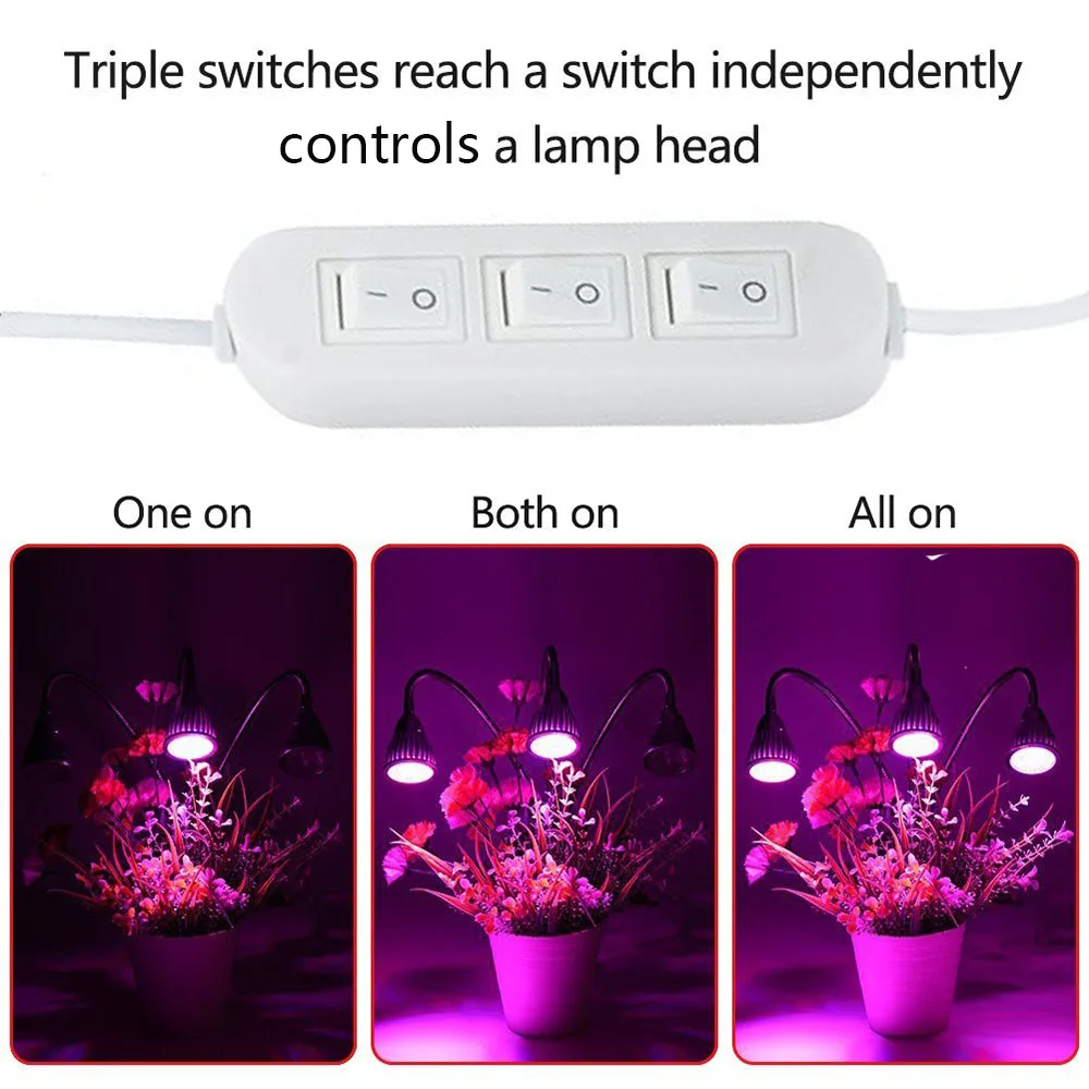 Светодиодный светать 15 Вт 3 головы растений лампы с тройной коммутаторы 360 градусов для цветов комнатных растений Indoor семена парниковых