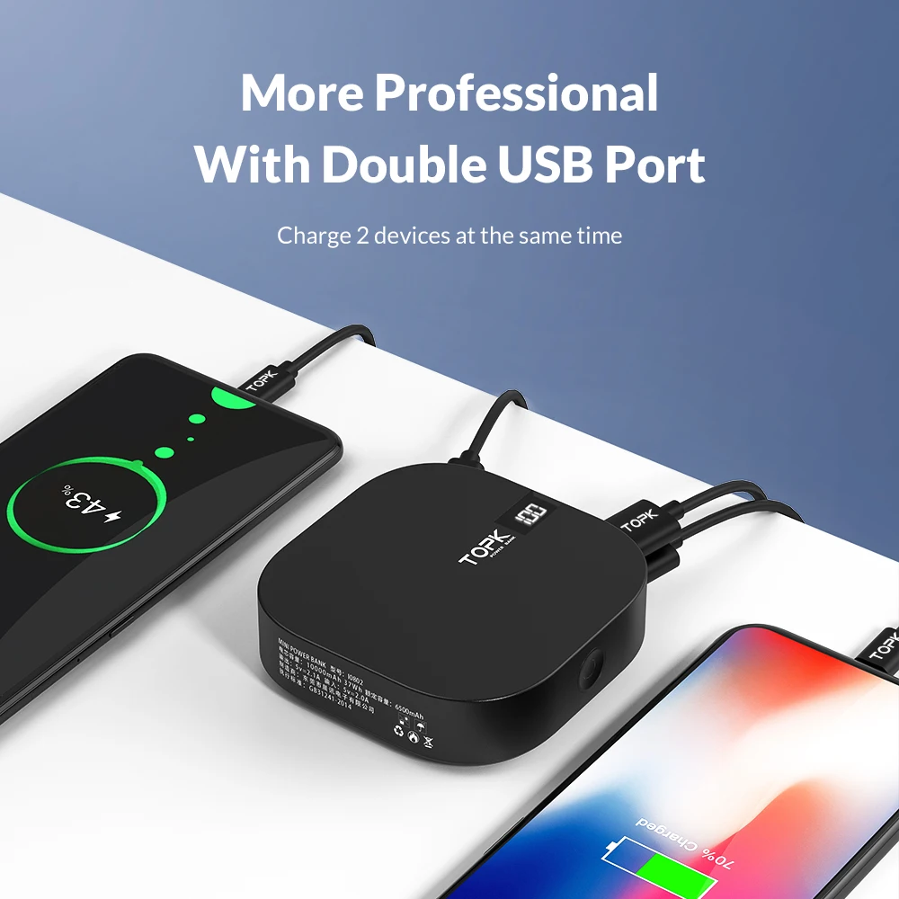 TOPK 10000 mAh power Bank Dual USB миниатюрное портативное зарядное устройство для мобильного