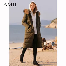 Amii 90% белый утиный пух пальто для женщин зима Повседневный натуральный мех воротник толстый Водонепроницаемый размера плюс с капюшоном Длинные пуховики