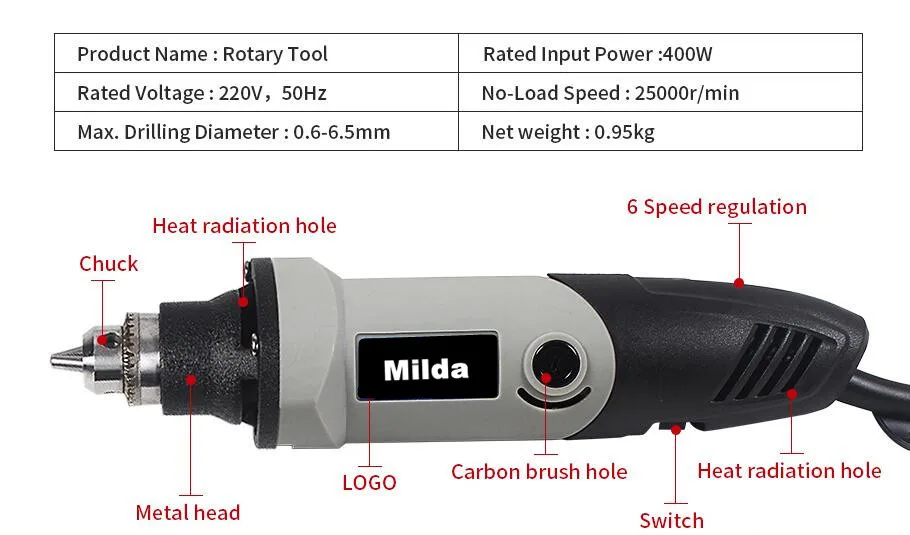Milda 400 Вт Мини электрическая дрель с 6 позициями переменной скорости стиль Dremel роторные Инструменты Мини-шлифовальный инструмент