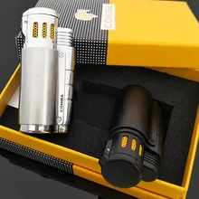 COHIBA зажигалка серебро/черный ветрозащитный 3 струйный прикуриватель многоразовая сигарета газовая зажигалка, с подарочной коробкой