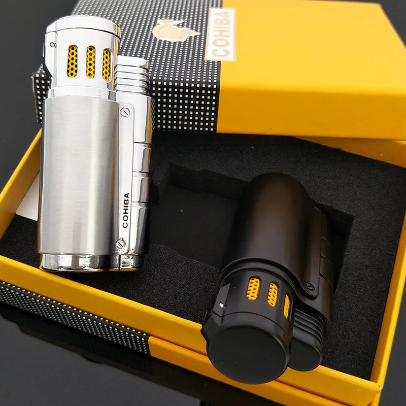 

COHIBA Lighter Silver / Black Windproof 3 Jet Flame Lighter Cigar Lighter Refillable Cigarette Gas Lighter, with Gift Box