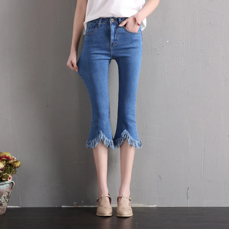 

Flare Crop Jean Women Cropped Wide Leg Jeans Women Summer Denim Shorts Knee Length 2018 3/4 Length New Hot Denim Pants