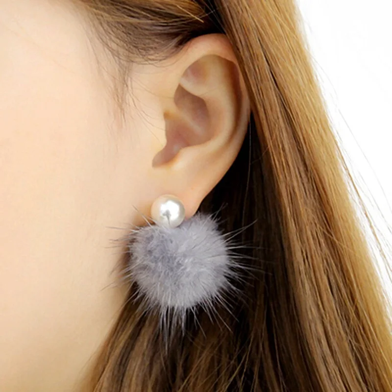 

2017 Real Mink Earring Mink Fur Ball Silver Stud Earring Fashion Jewelry Wedding Party Pearl Earrings Gift for Women and Girl