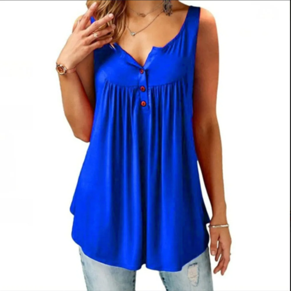 Женские топы летние футболки с v-образным вырезом и коротким рукавом с оборками блузки на пуговицах Повседневная свободная туника TY53 - Цвет: Синий