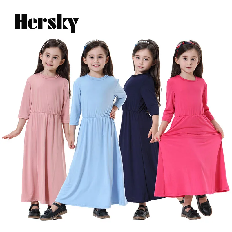 

Malaysia Muslim Kids Dress Fashion Child Dubai Abayas Moslem Three Quarter Girls Dresses Islamic Children's Robes Solid Clothing