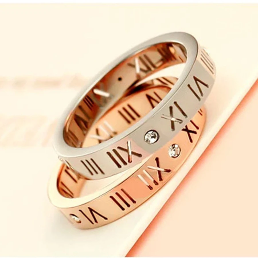 

Fashion Crystal Rings For Women Stainless Steel Rose Gold Roman Numerals Finger Rings Femme Wedding Engagement Rings Jewelry