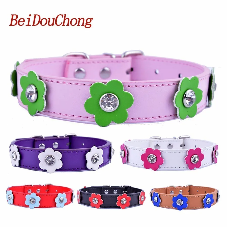 Designer Flowers Studded Pu Leather Collars For Dogs Rhinestone