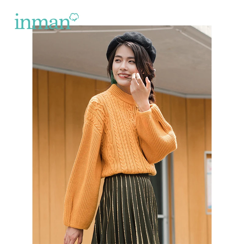 INMAN Winter Female Half-high Collar Jacquard Loose Lantern Sleeve Long Pullover Women Sweater | Женская одежда